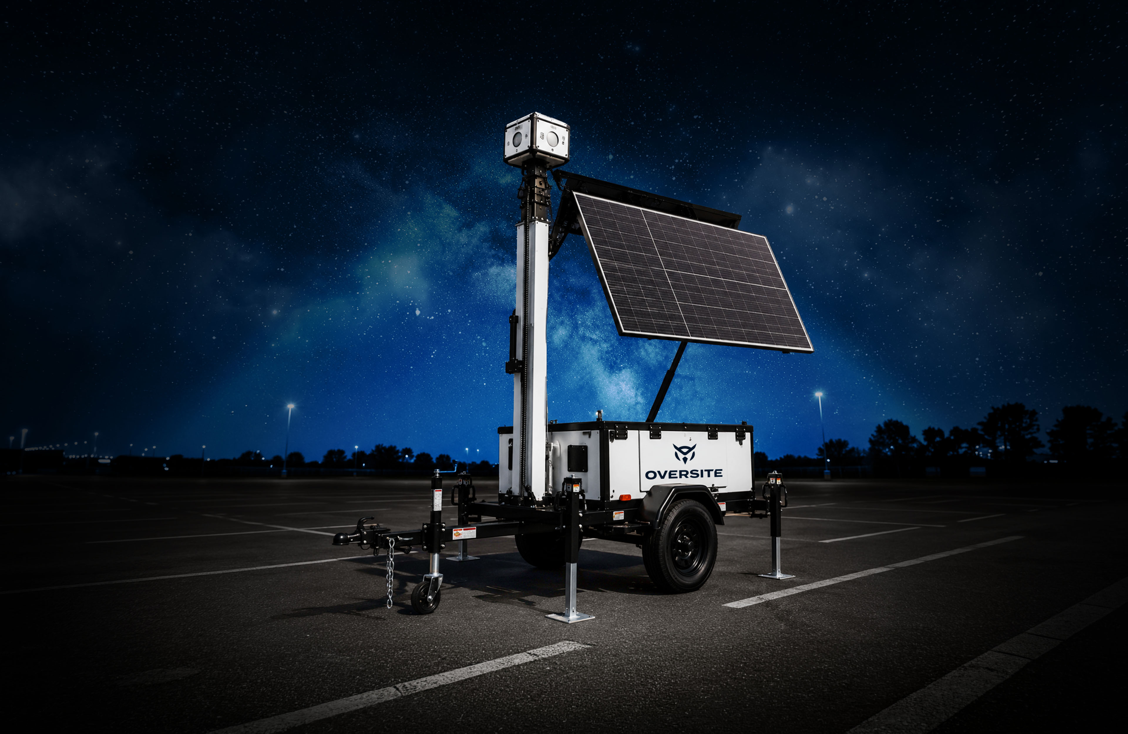 Oversite solar surveillance trailer deployed at night under a starry sky